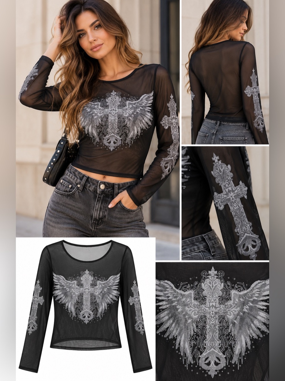 Daisy Street Black Sheer Mesh Angel Wings Cross Top Y2K Goth Grunge L